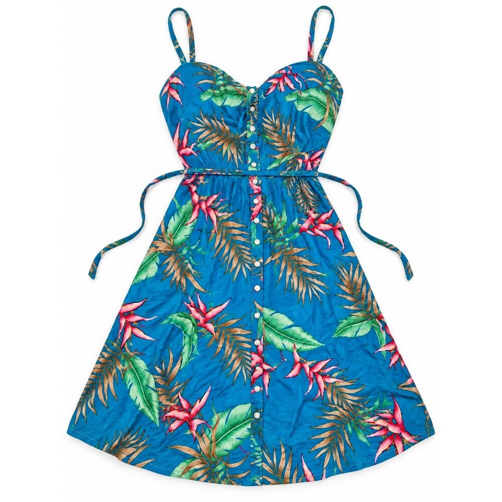 Vintage 80s Honolulu Honey Tropical Floral Sundress Blue Button Hawaii Made